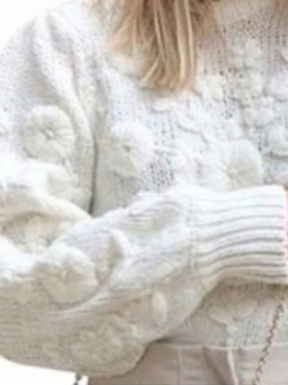 Zara White flower embellished crochet Bubble Knit Crew Sweater